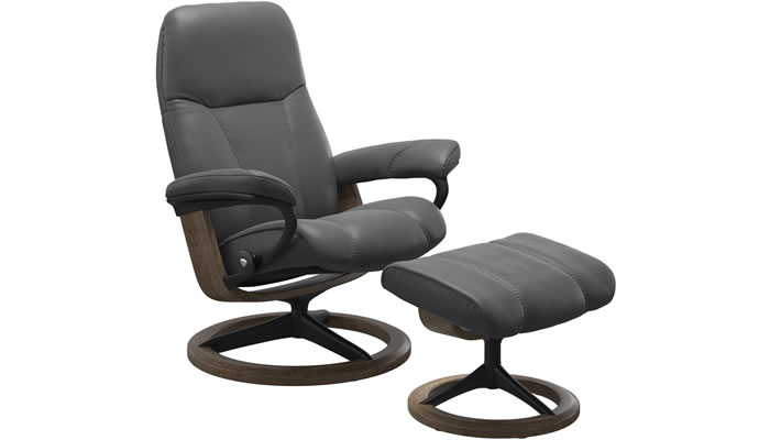 Stressless Consul Signature Recliner and Stool in Noblesse Grey Leather